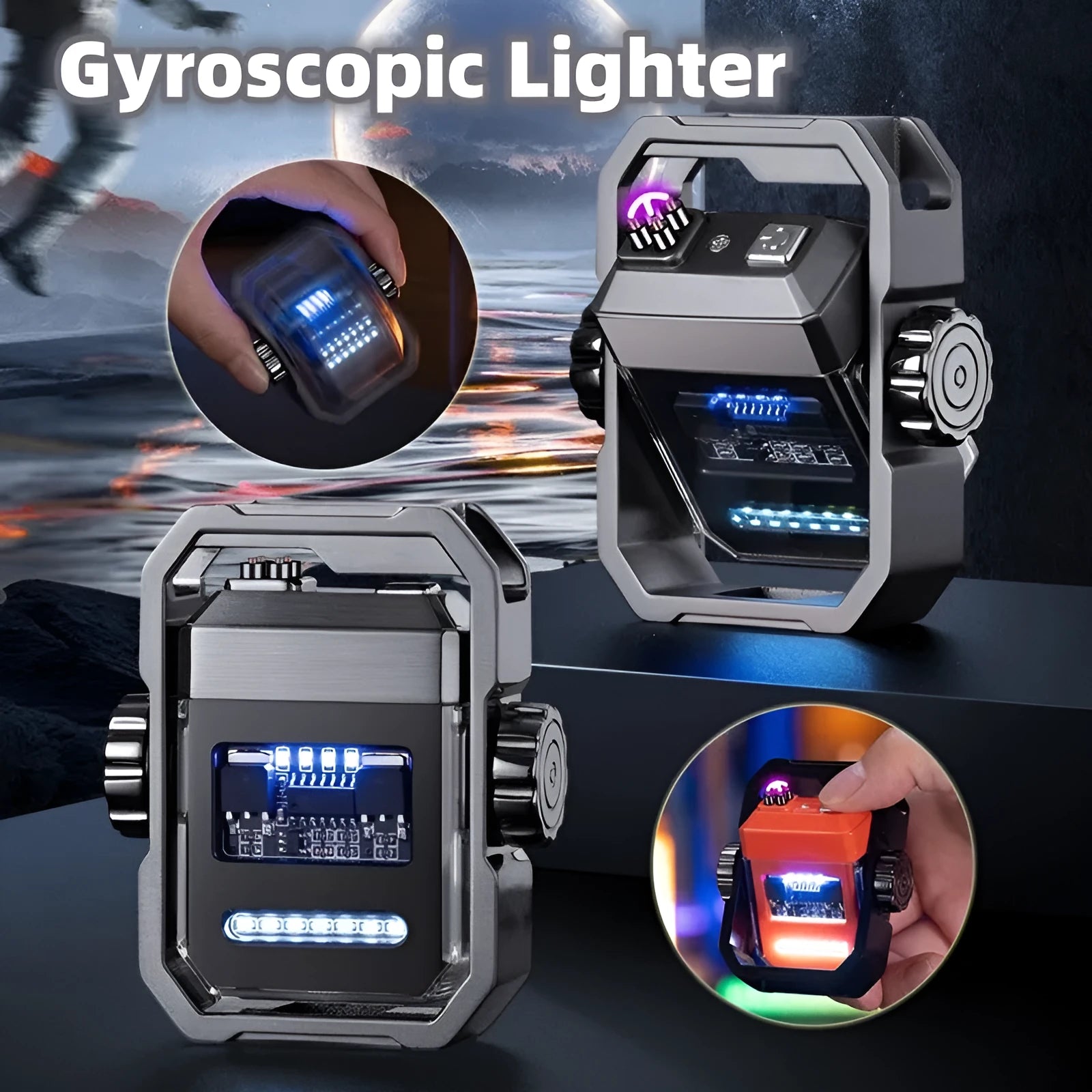 Blue windproof electric lighter with a double arc flame and a visible mechanical gyroscope mechanism.