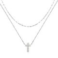 S925 sterling silver double layer twin diamond cross pendant necklace on a clavicle chain in gold or white gold finish.