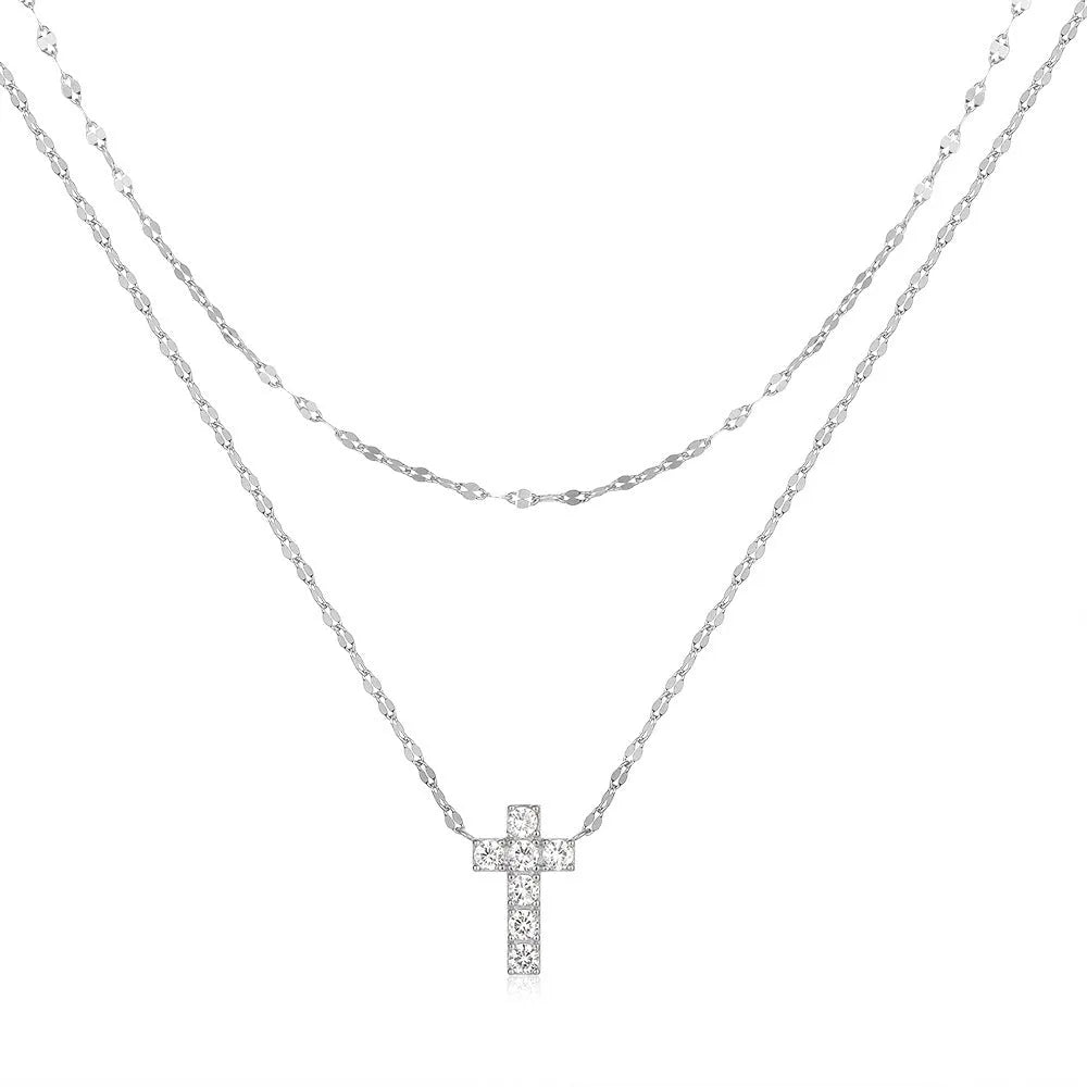 S925 sterling silver double layer twin diamond cross pendant necklace on a clavicle chain in gold or white gold finish.