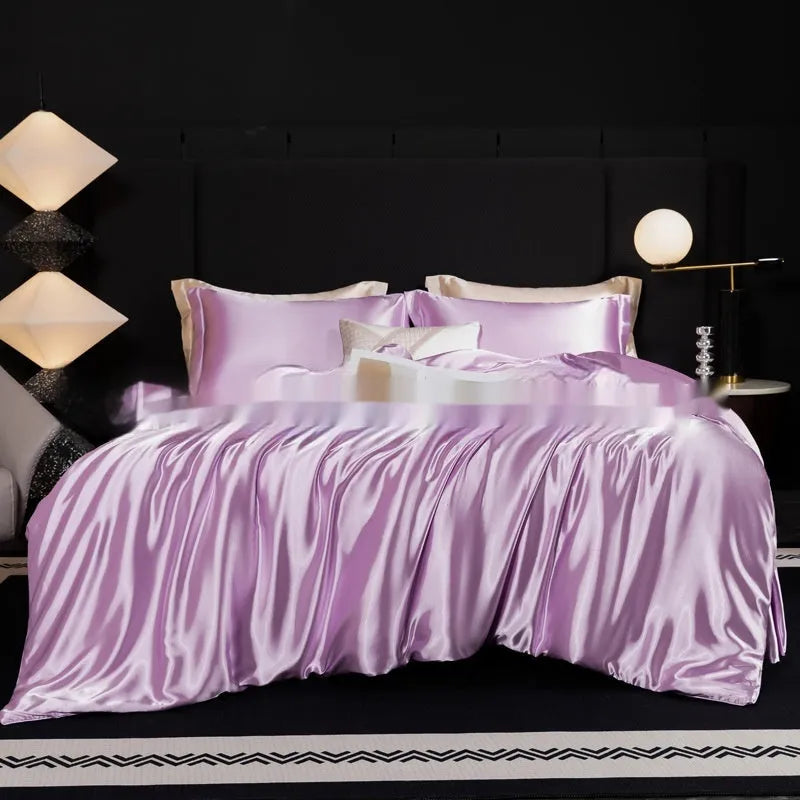 Personalised solid colour silk bed sheet four-piece set shown in multiple colour options.
