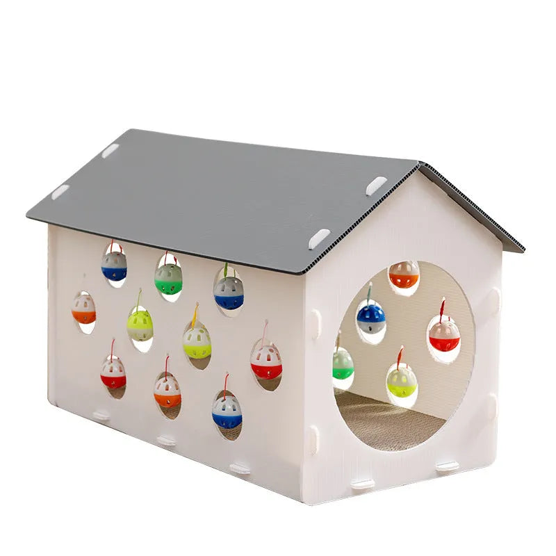 Plastic house-shaped cat scratch board integrated with a cat nest, tunnel, and bell ball toy.