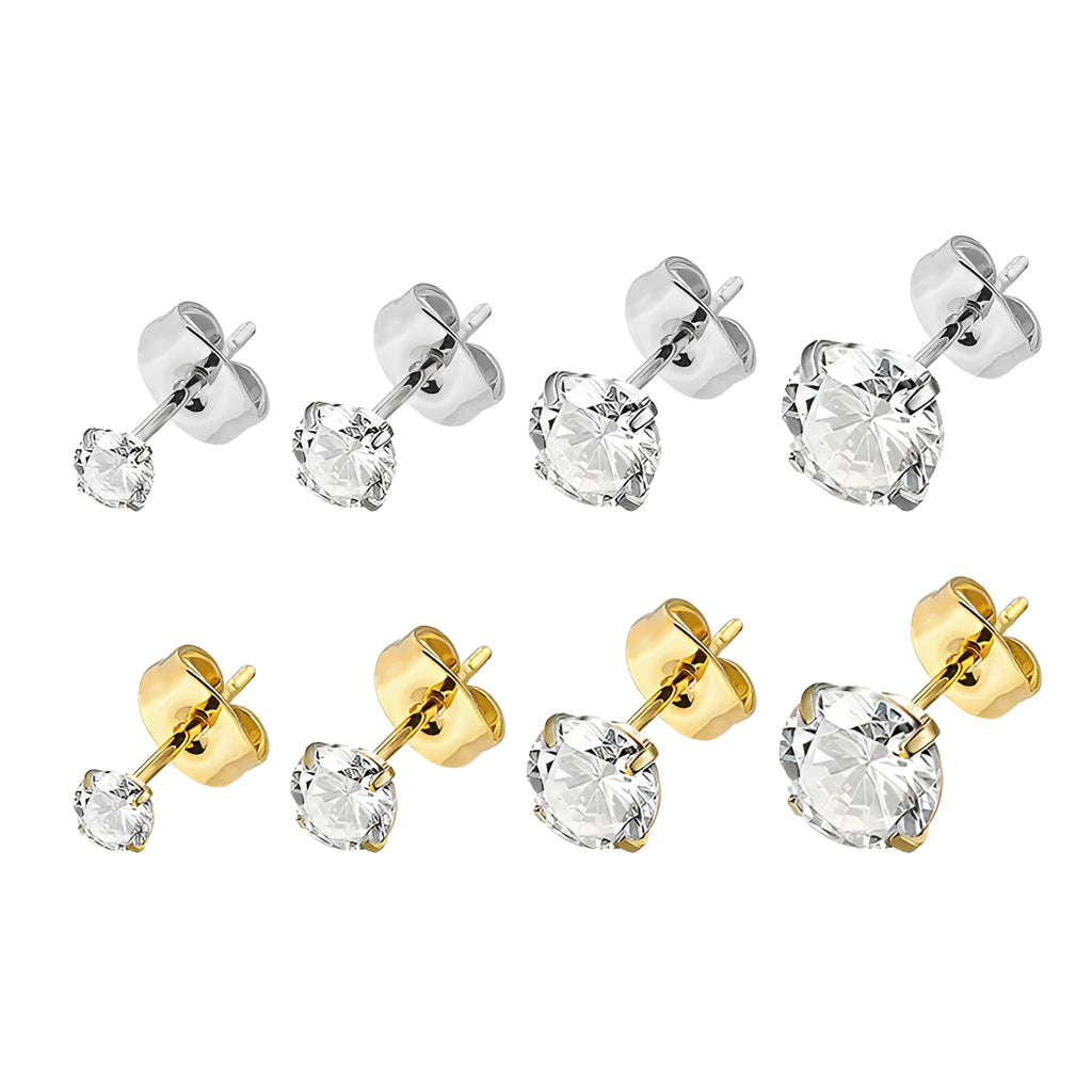 Titanium steel square geometric zircon stud earrings in gold or steel finish with multiple stone sizes