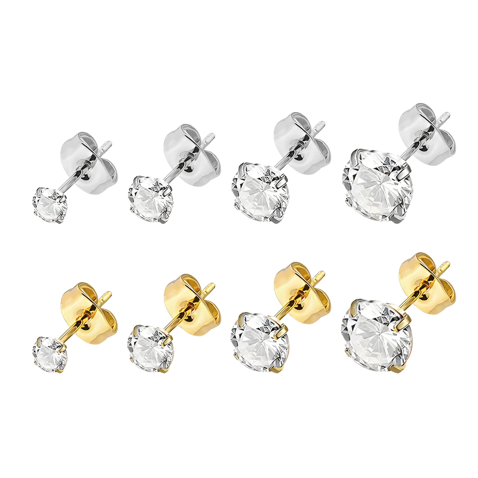 Titanium steel square geometric zircon stud earrings in gold or steel finish with multiple stone sizes