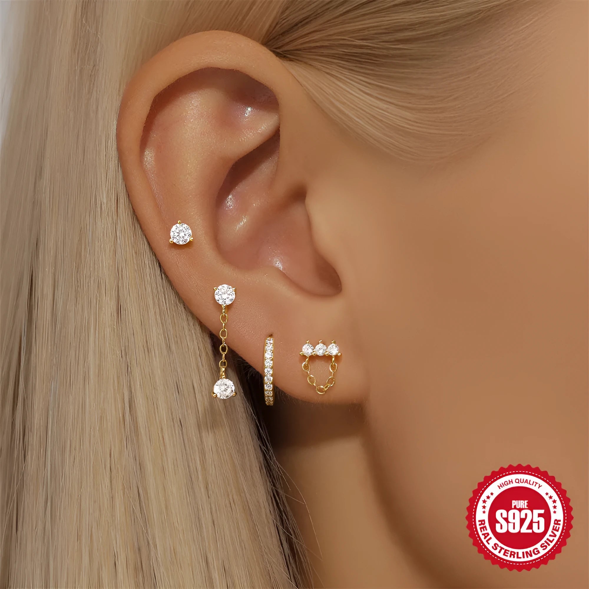 Sterling silver clover petal earrings with geometric design and gold tone electroplated finish