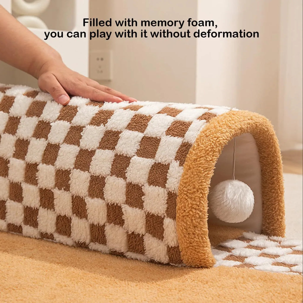 XL fan-shaped plush pet bed tunnel in a plaid pattern, showing a thick mat and tunnel opening.