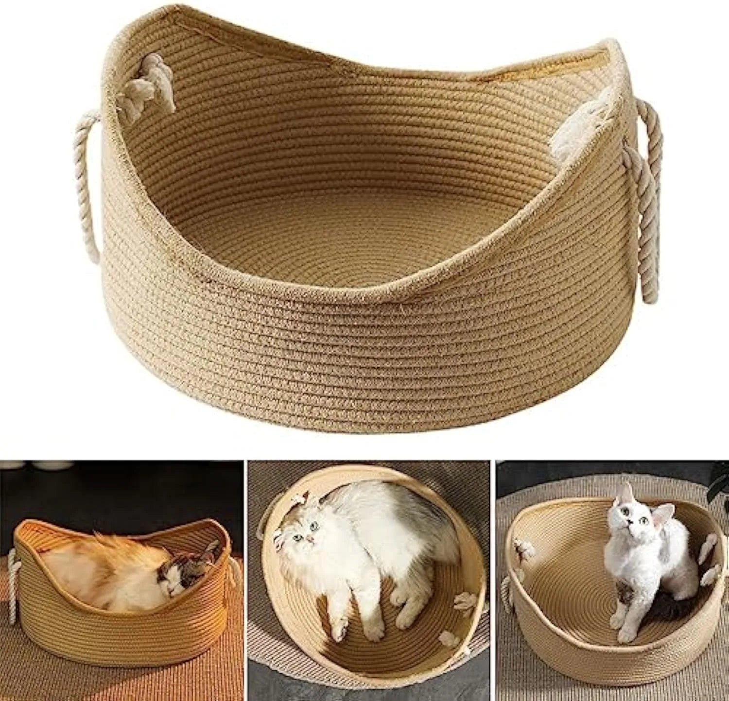 Natural wicker cat bed basket with corrugated scratching board surface in two size options