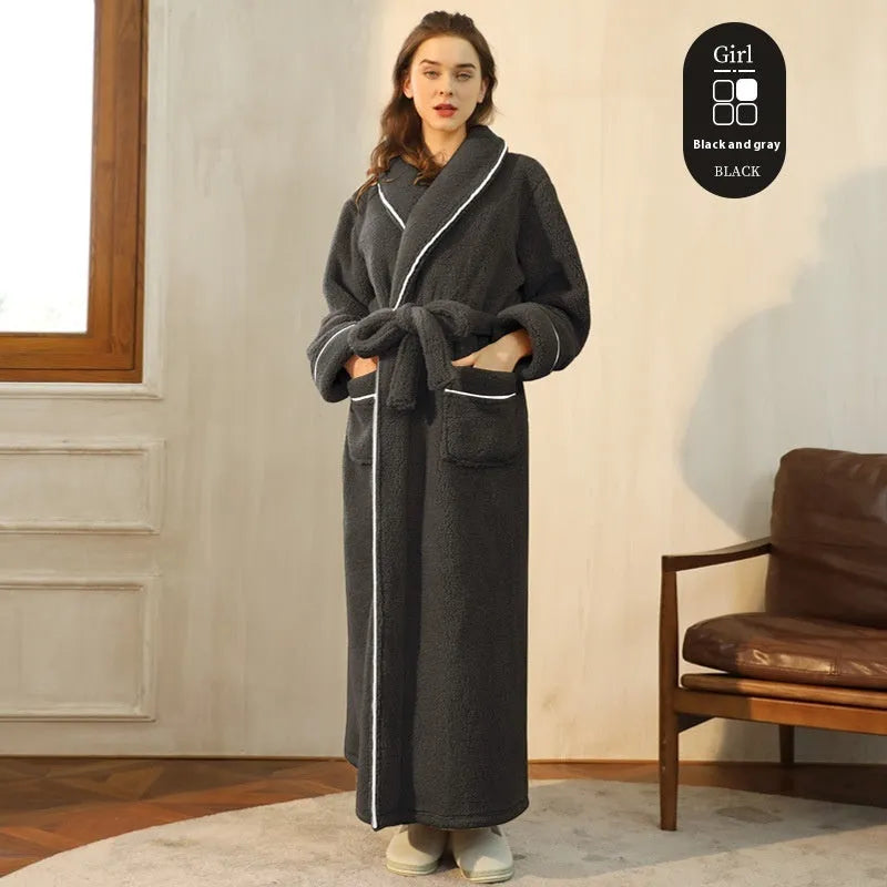 Thick flannel winter bathrobe for couples in multiple colour options like navy blue and cherry yellow.