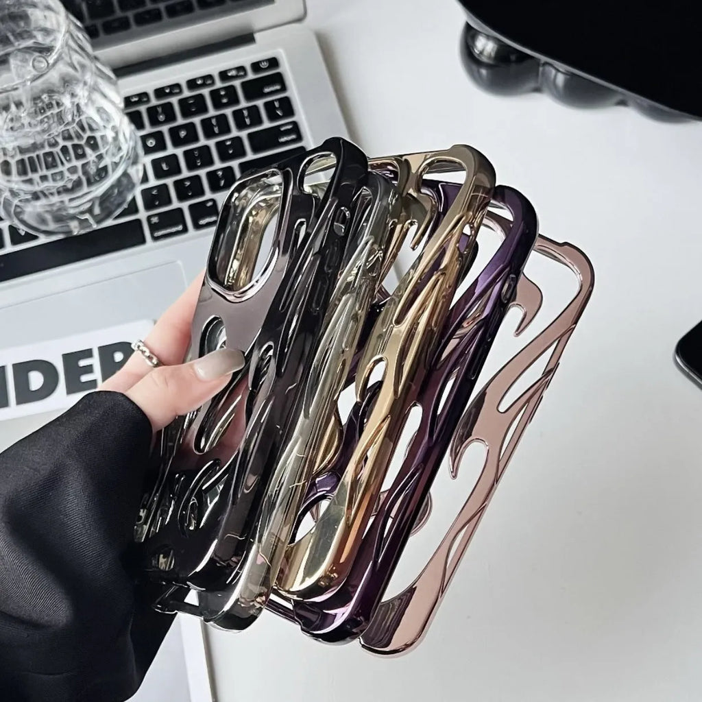 Electroplating hollow flame pattern TPU phone case for Apple iPhone in gold colour.