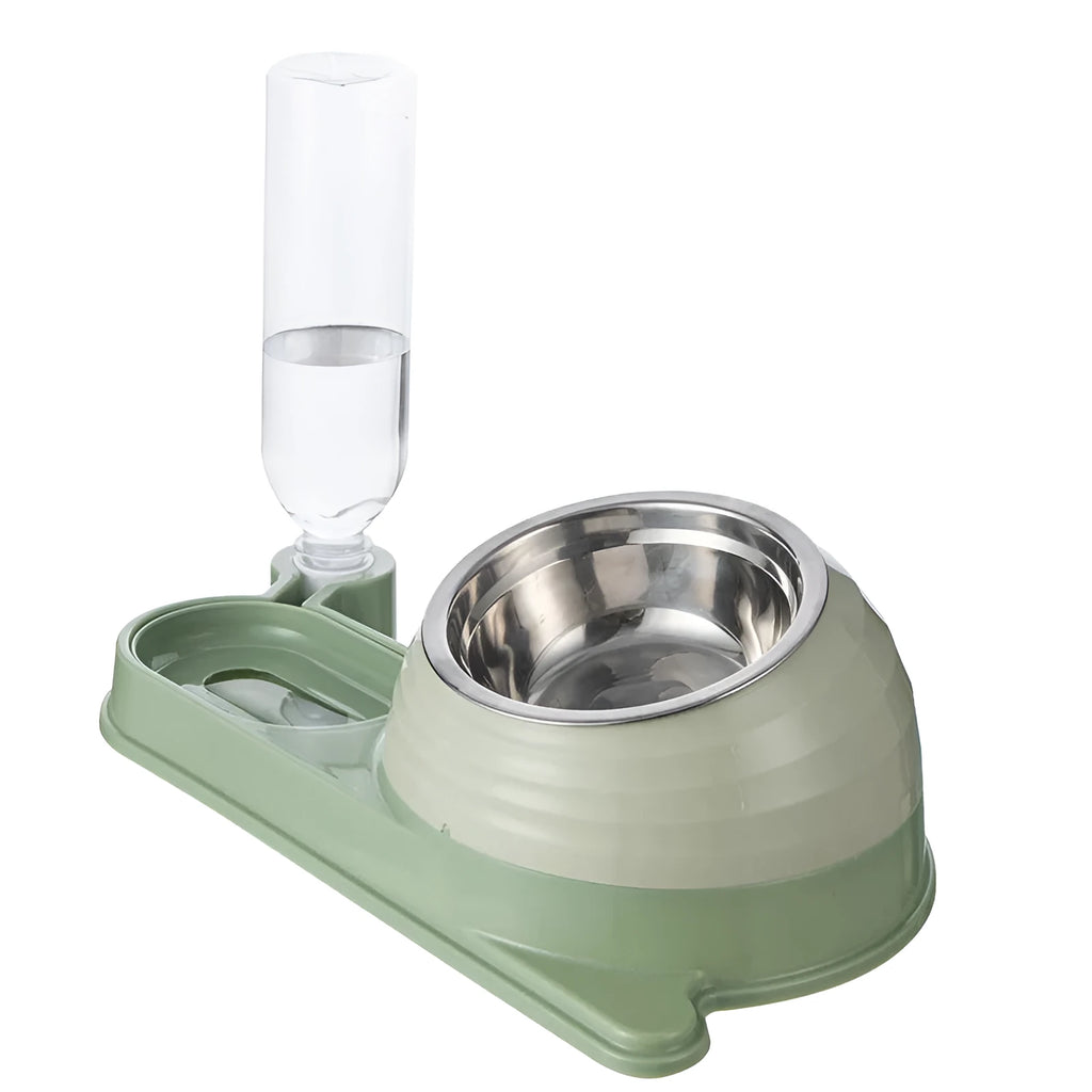 Brown elevated cat bowl with attached water bottle dispenser on a white background