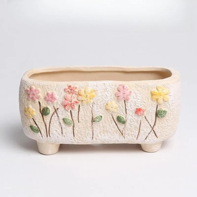 Hand-painted rectangular ceramic succulent pot with floral design, dimensions 13.7x6.2x6.5cm