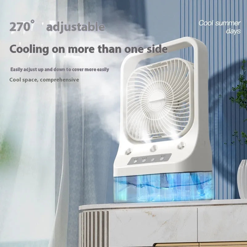 White USB rechargeable household cooling fan with water tank and adjustable nozzles