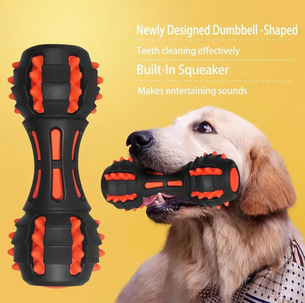 Red dumbbell shaped dog chew toy made from natural rubber for aggressive chewers