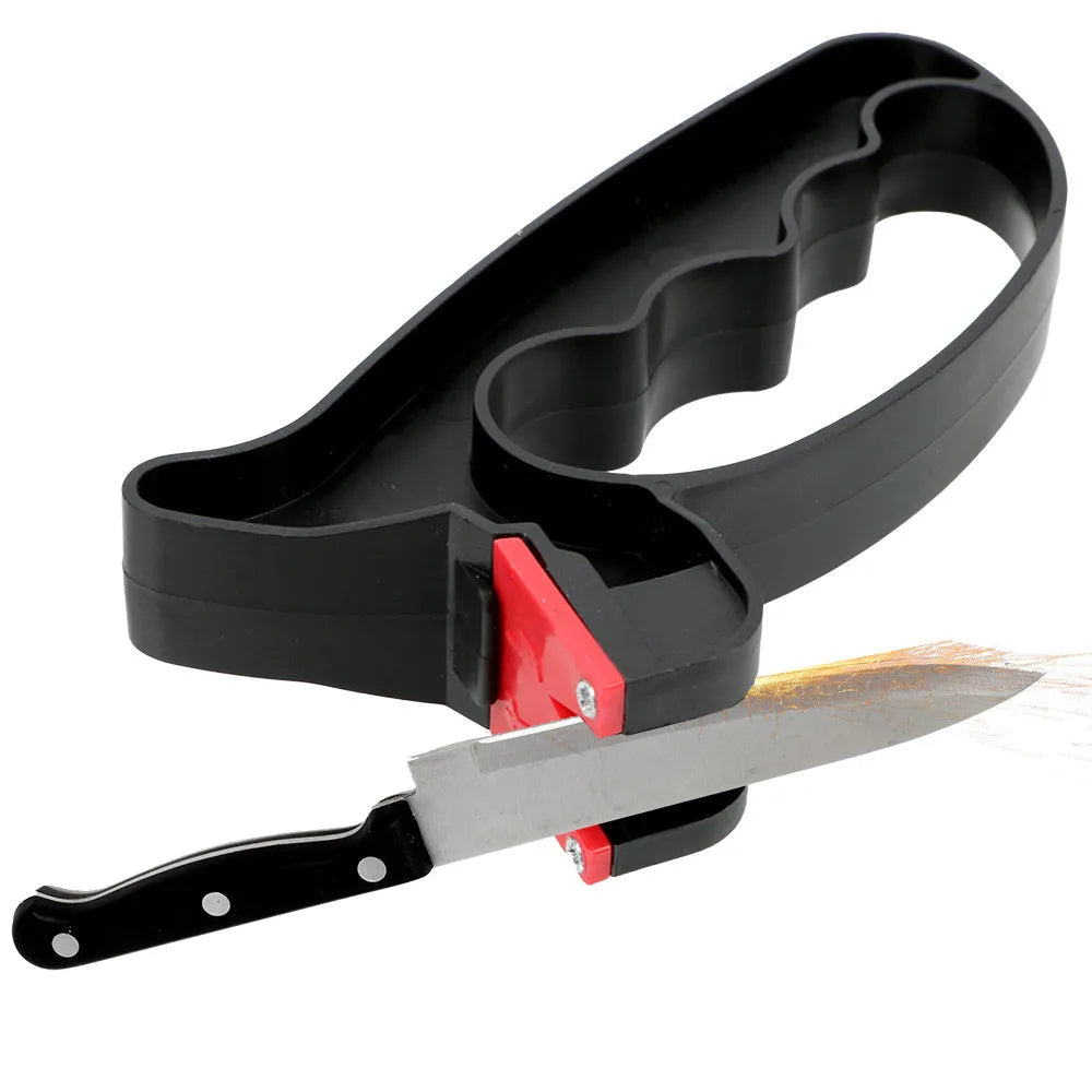Black handheld 2-in-1 knife and scissor sharpener with tungsten steel blade