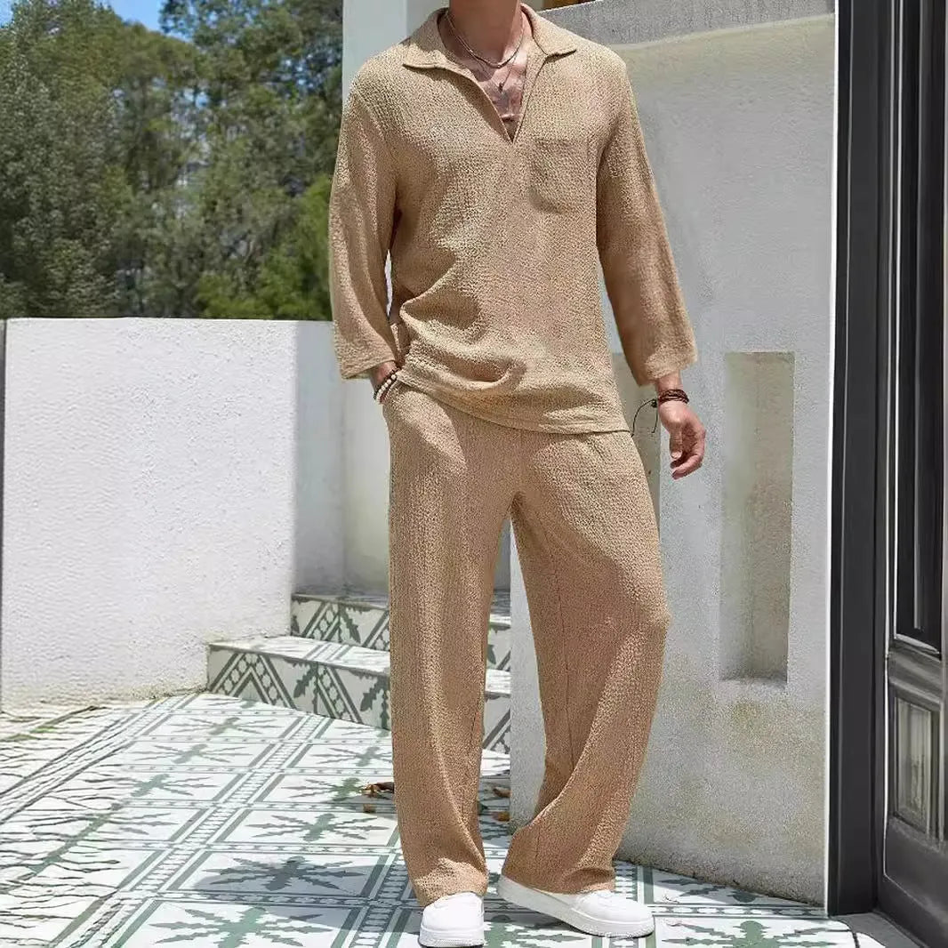 Men's casual shirt trousers suit set in polyester fibre fabric available in four colours