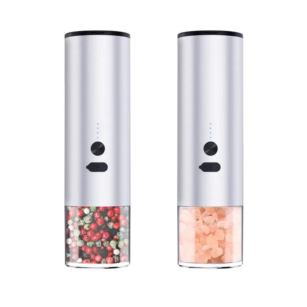 White electric salt and pepper grinder with clear glass jar and LED light