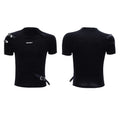 Men's black slim fit cotton T-shirt with metal belt detail and stand-up collar.