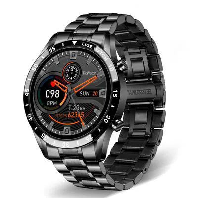 Smart watch with stainless steel wristband showing 1.3 inch touch screen display