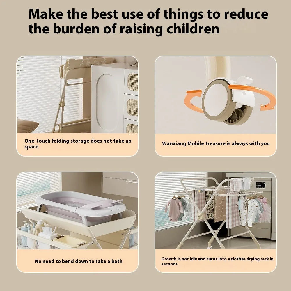 Baby care foldable multifunctional diaper-changing table with safety belt and storage baskets in beige top configuration
