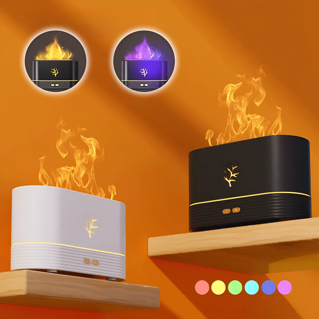 Square-shaped USB flame humidifier with LED aroma diffuser in white or black colour creating realistic fire effects