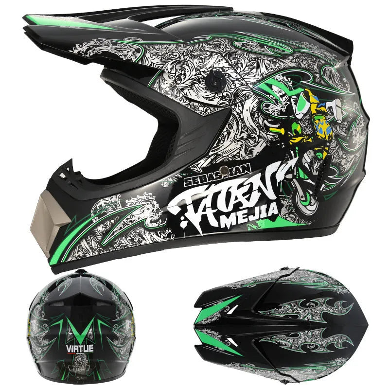 ABS cross-country helmet for kart and motorcycle use in Bright Black Green Boy colour