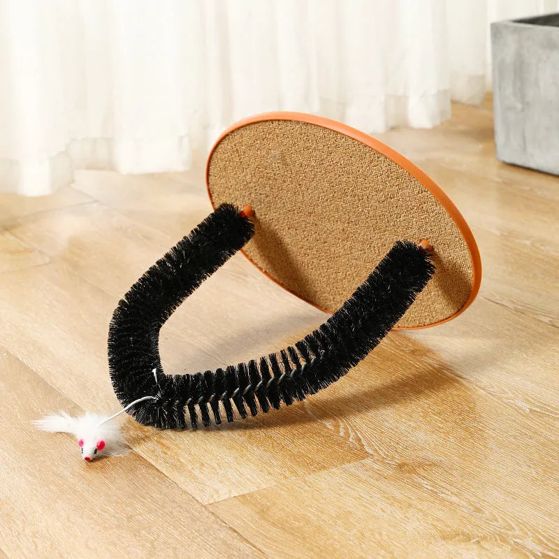 Black cat arch brush scratching post with attached plush mouse toy on non-slip base