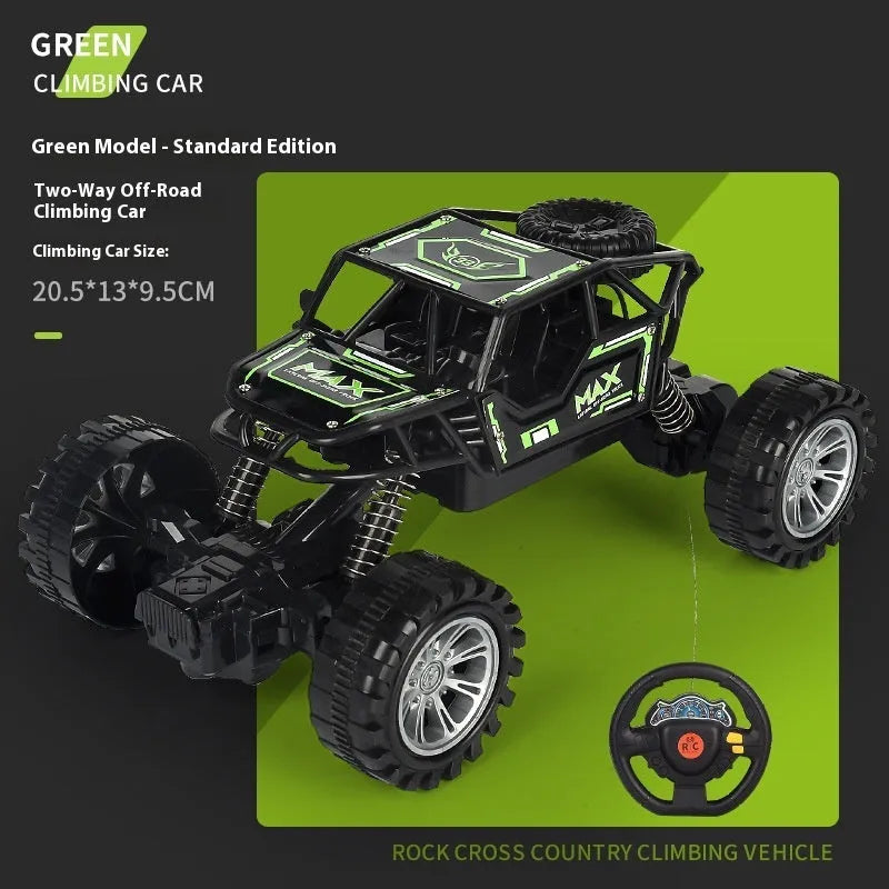 Children's four-way remote control alloy off-road climbing car in camouflage yellow on a grassy outdoor track