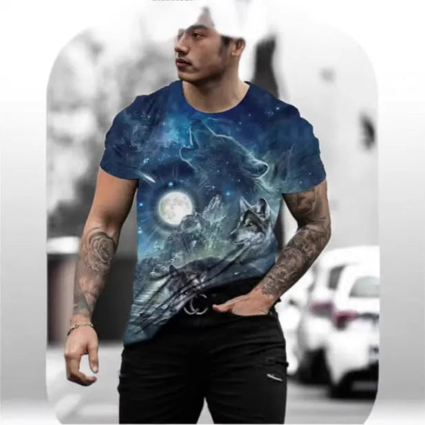 Retro 3D animal print on a men's short-sleeved light grey t-shirt.