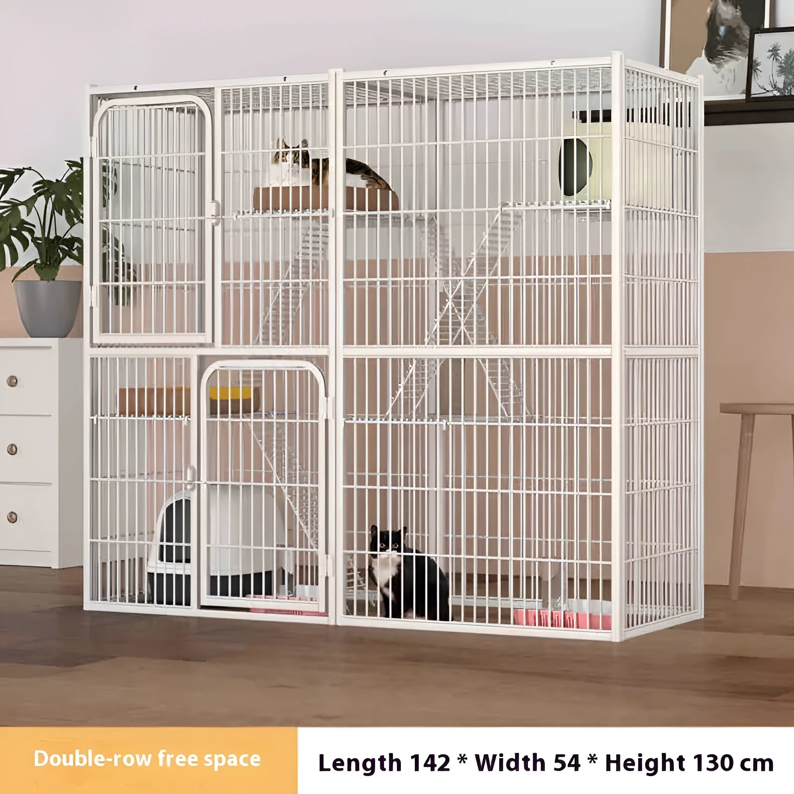 Indoor cat cage three-layer iron construction 142x54x130cm with cat inside white finish