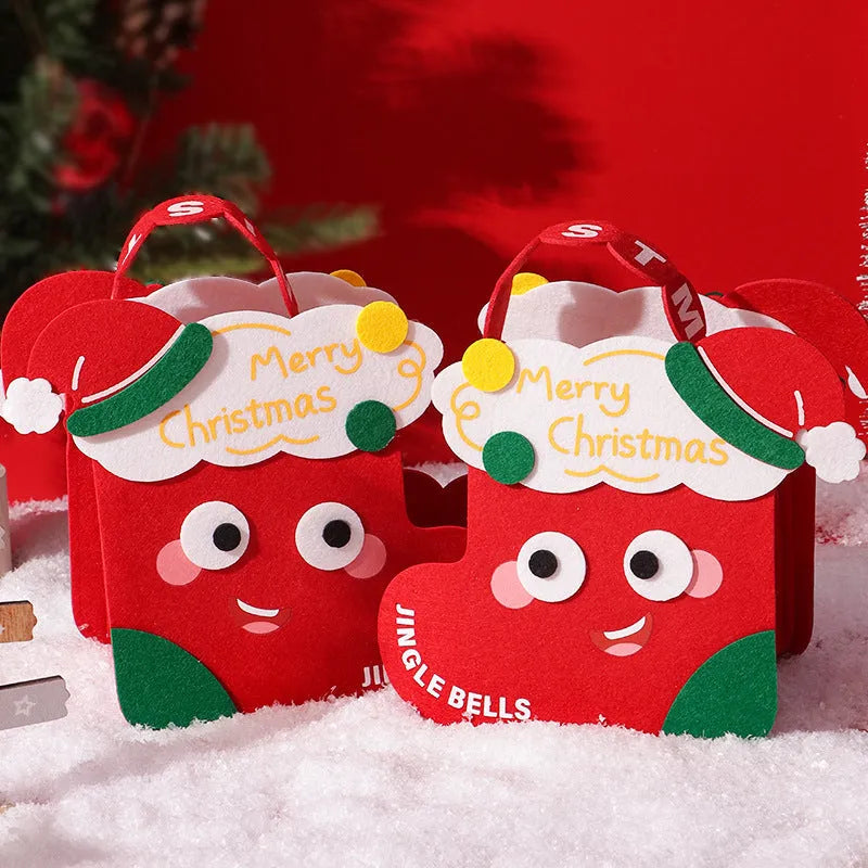 Christmas gift felt bag in green with cartoon design, used for gift packaging
