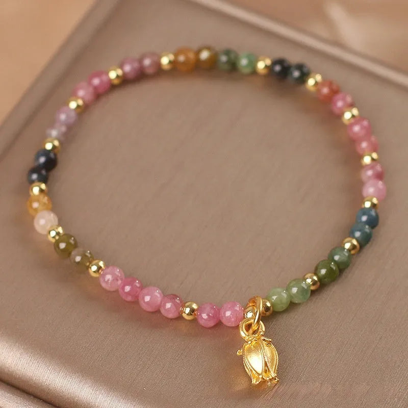 Women's natural tourmaline floral beaded anklet with delicate ankle chain
