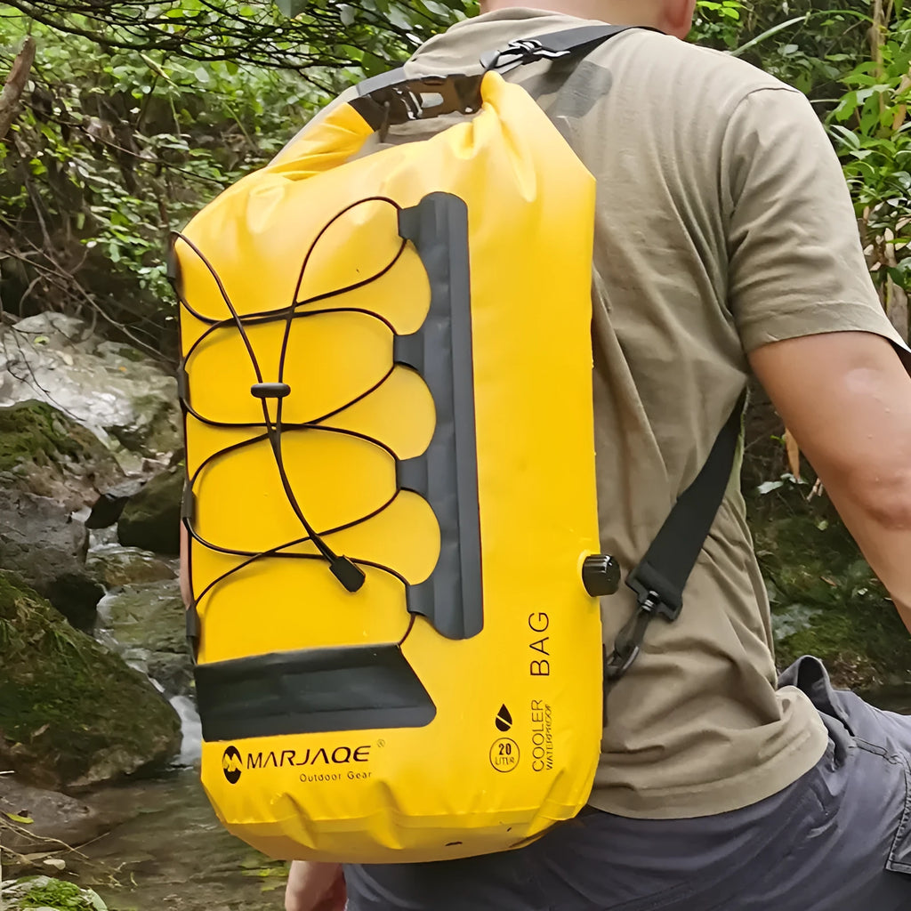 20-litre yellow and black waterproof camping backpack with dry-wet separation compartments for water sports