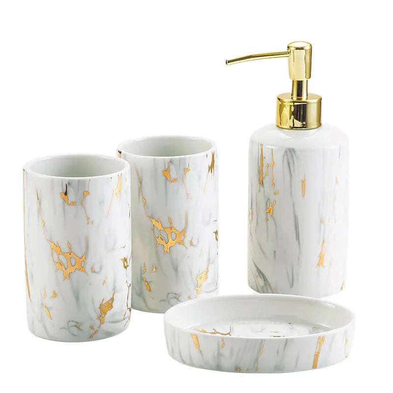 White ceramic bathroom wash set with two cups, latex bottle and soap box in gift packaging