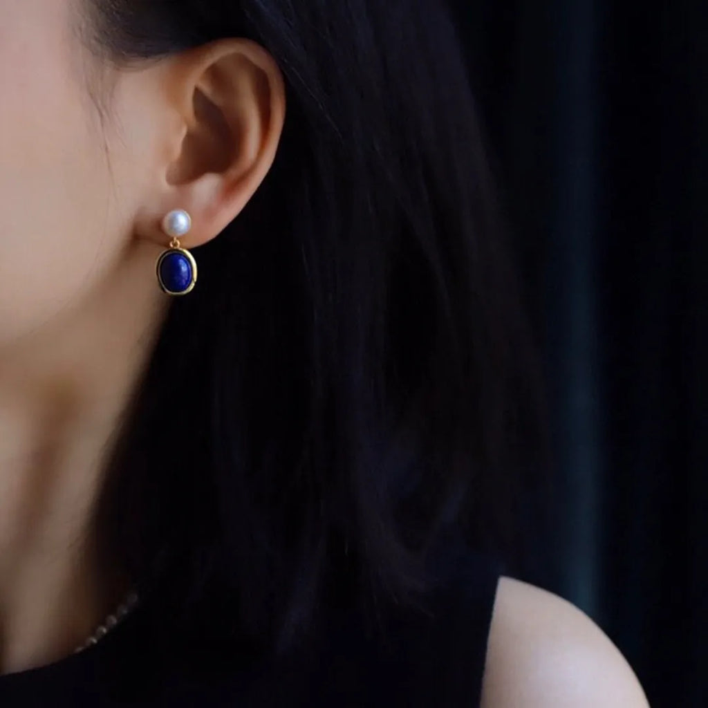Lapis lazuli pearl drop earrings in 925 silver setting with auspicious patterns
