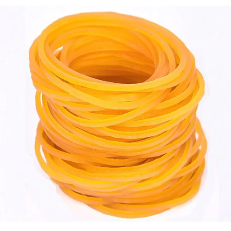 Yellow rubber bands in seven sizes from 16mm to 70mm diameter in a 500g bulk pack