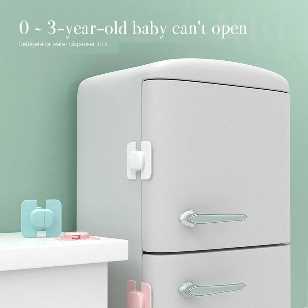 Grey and green adjustable strap child safety locks for cabinets and drawers with adhesive backing.