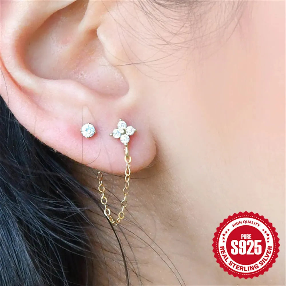 S925 sterling silver ear studs with diamond flower tassel chain design in electroplated golden colour