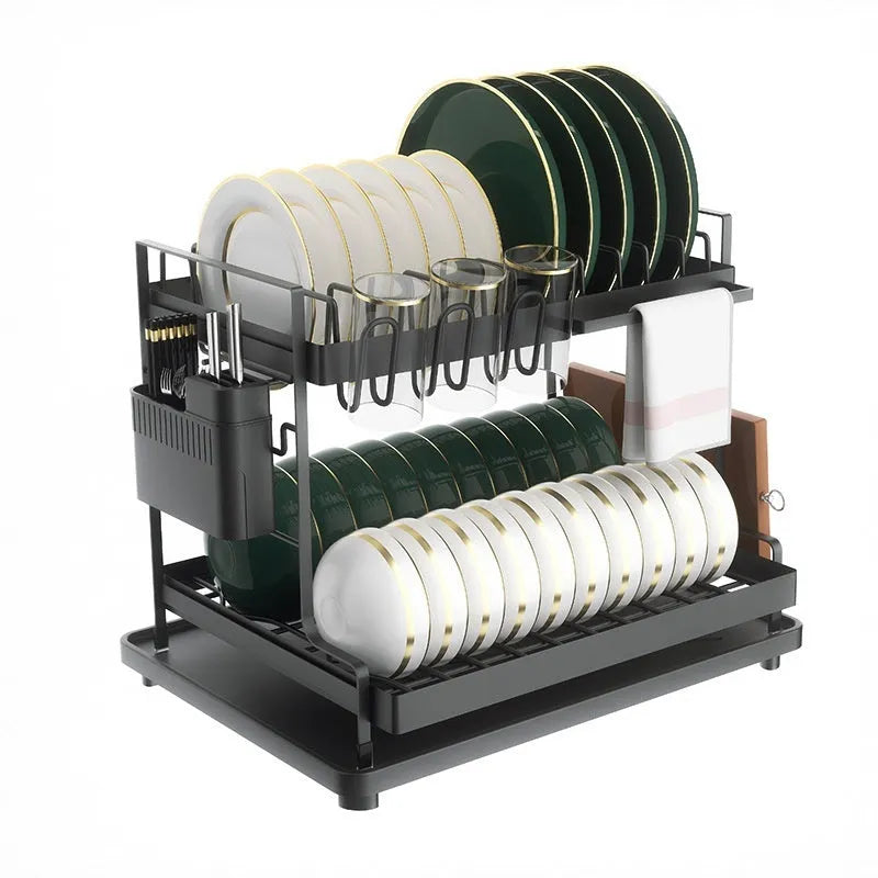White double-layer kitchen storage rack with a removable draining tray.