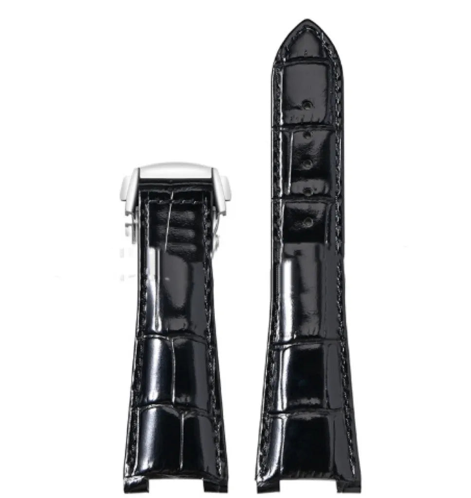 Bamboo pattern leather watch band for Observatory watches in black with silver buckle