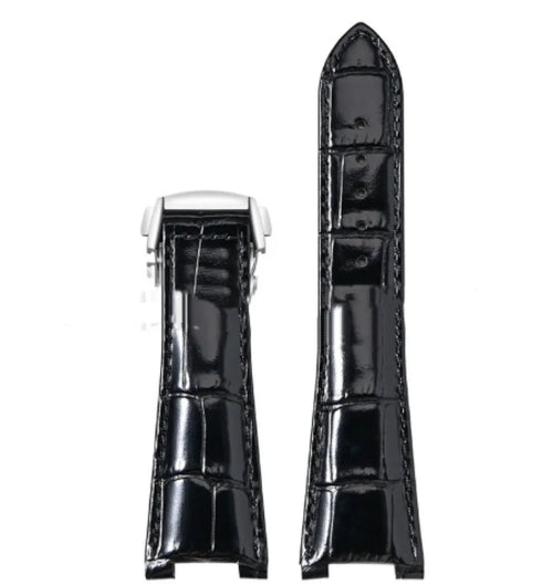 Bamboo pattern leather watch band for Observatory watches in black with silver buckle