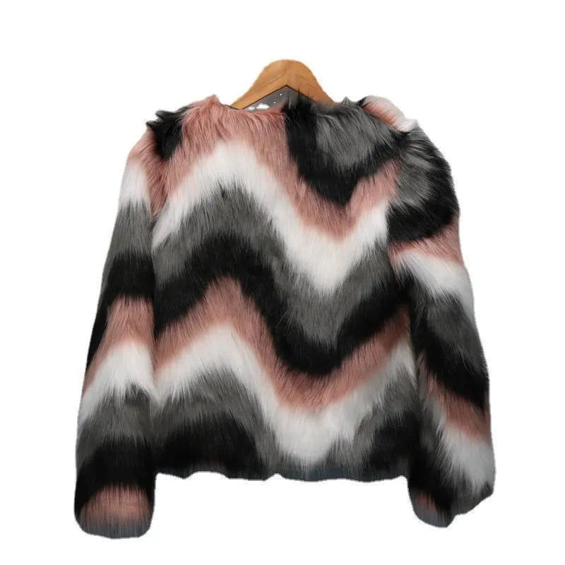 Korean style women's short leather coat with faux fur O-neck collar in picture colour