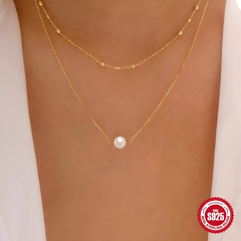 Sterling silver double layer women's necklace with twin pearls and ball bead chain