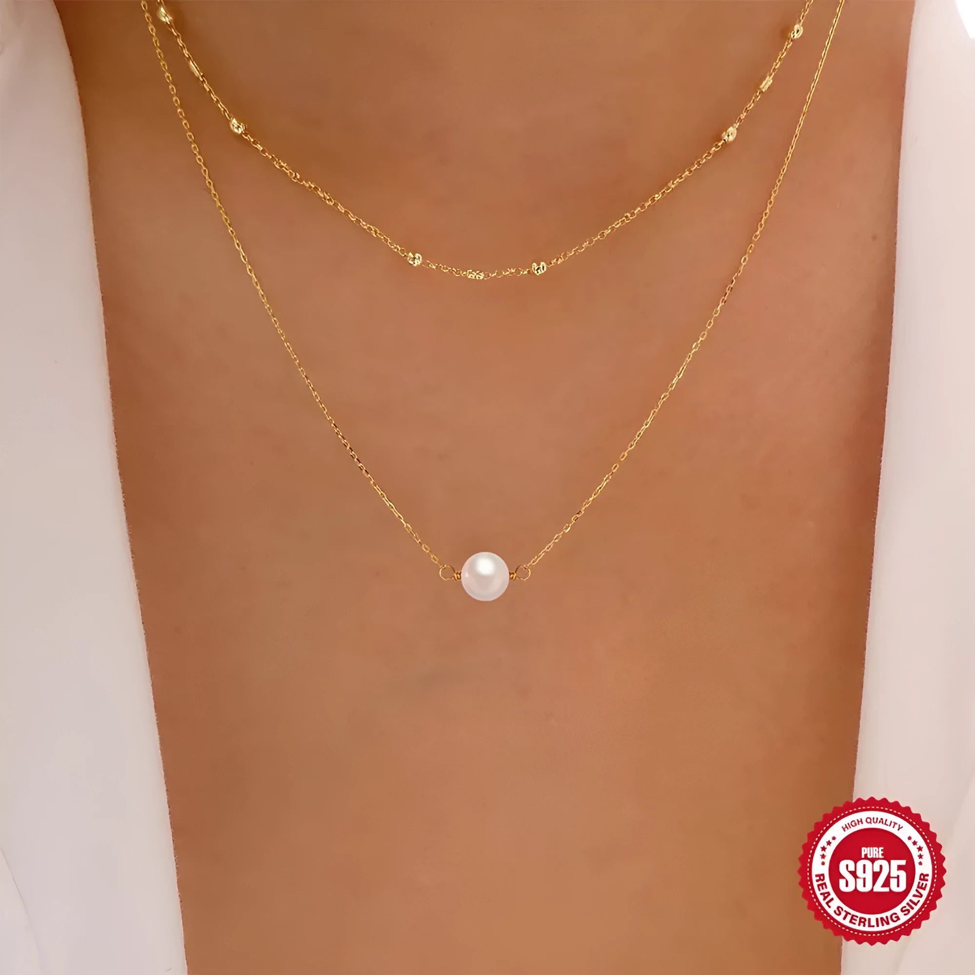 Sterling silver double layer women's necklace with twin pearls and ball bead chain