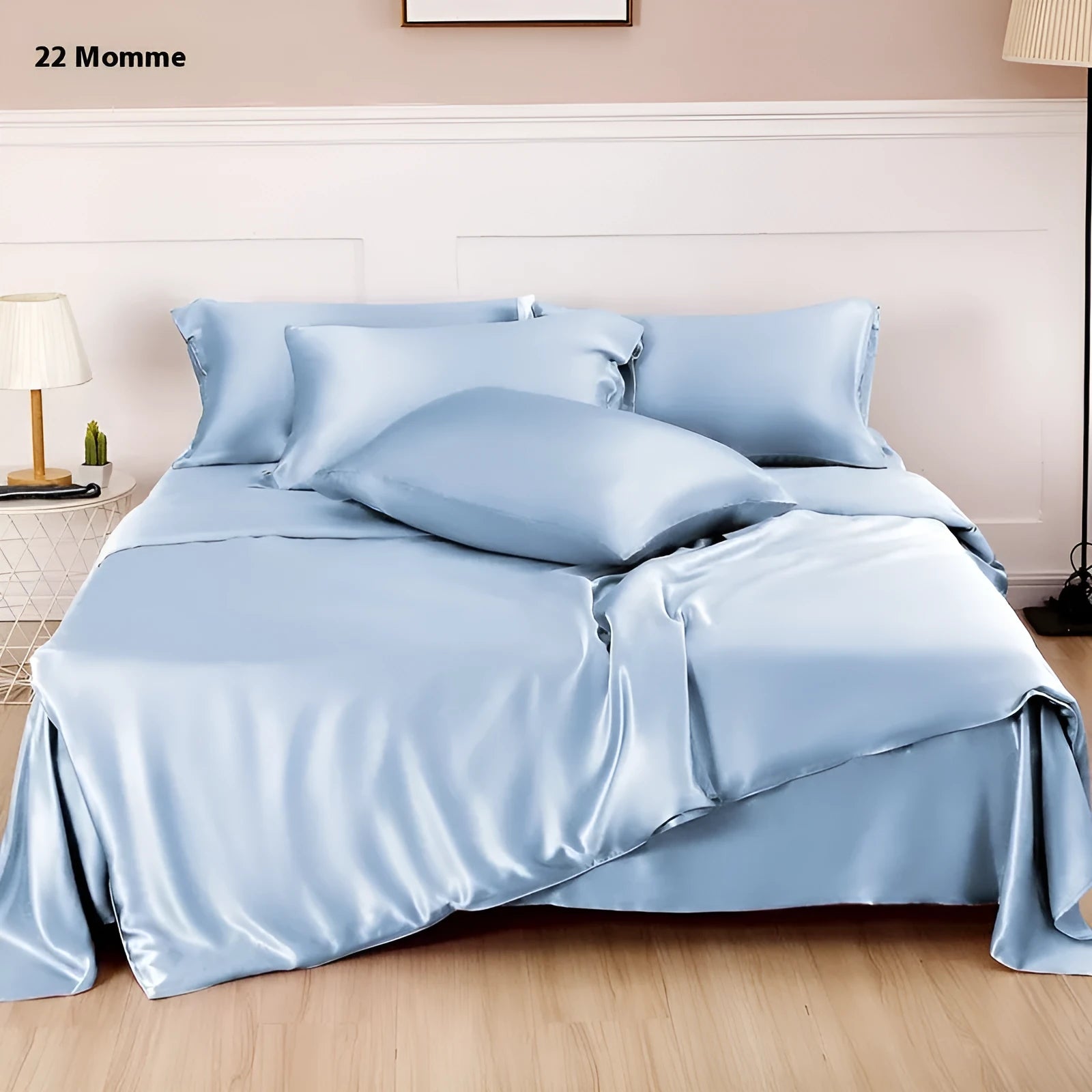 Double-sided silk duvet cover showing Lotus Pink, pea green, bright brown, mysterious purple, white, and silver blue colour options