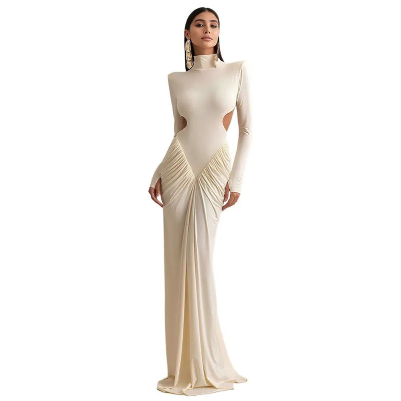Women's high collar backless dress with long sleeves and pleated details in slim fit design