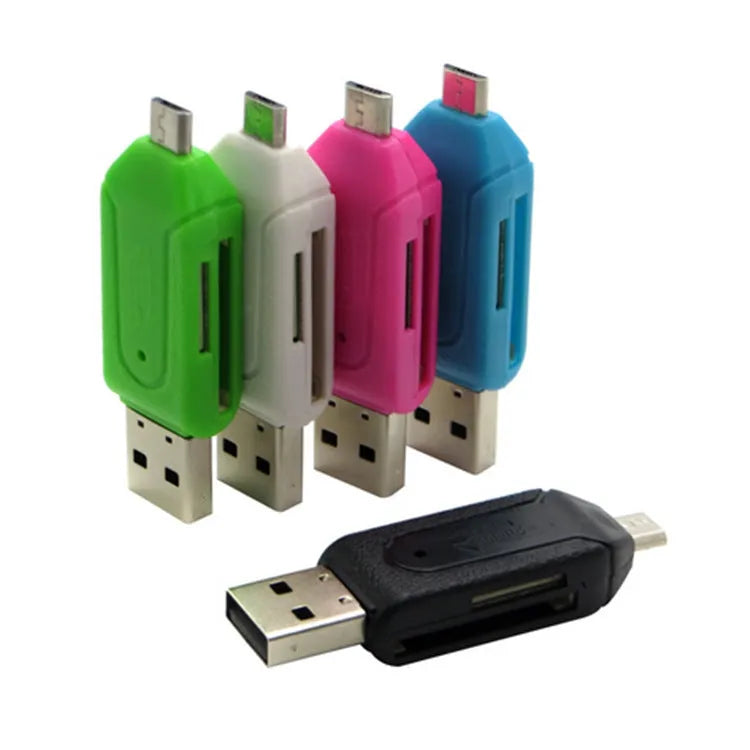 White OTG card reader with micro USB plug for Android phones and computers, with SD and TF card slots.