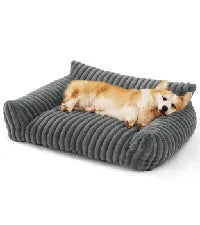 Supportive cat couch bed with three-sided design and soft corduroy fleece fabric in beige colour