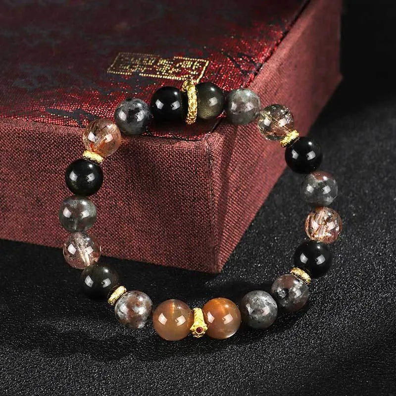 Black Sunstone and flame stone couple bracelet with manual craftsmanship for unisex wear