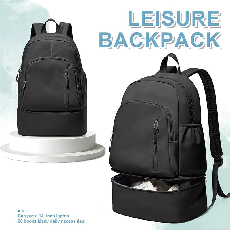 Women's casual backpack in polyester with curved shoulder straps showing decorative stitching details