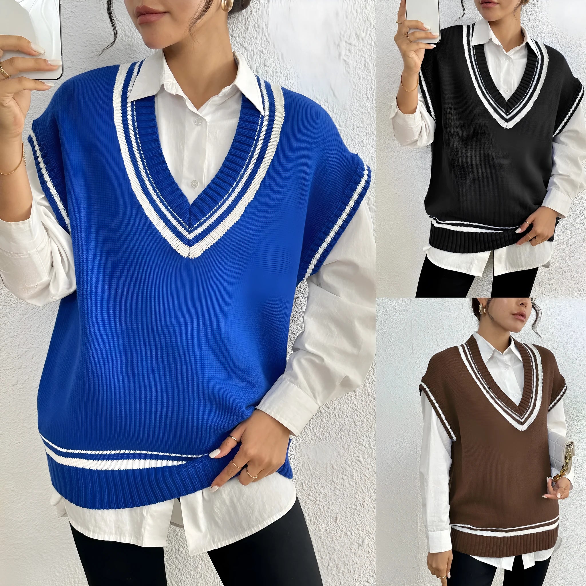Women's loose fit wool vest sweater in blue coffee black colours with European American sizing
