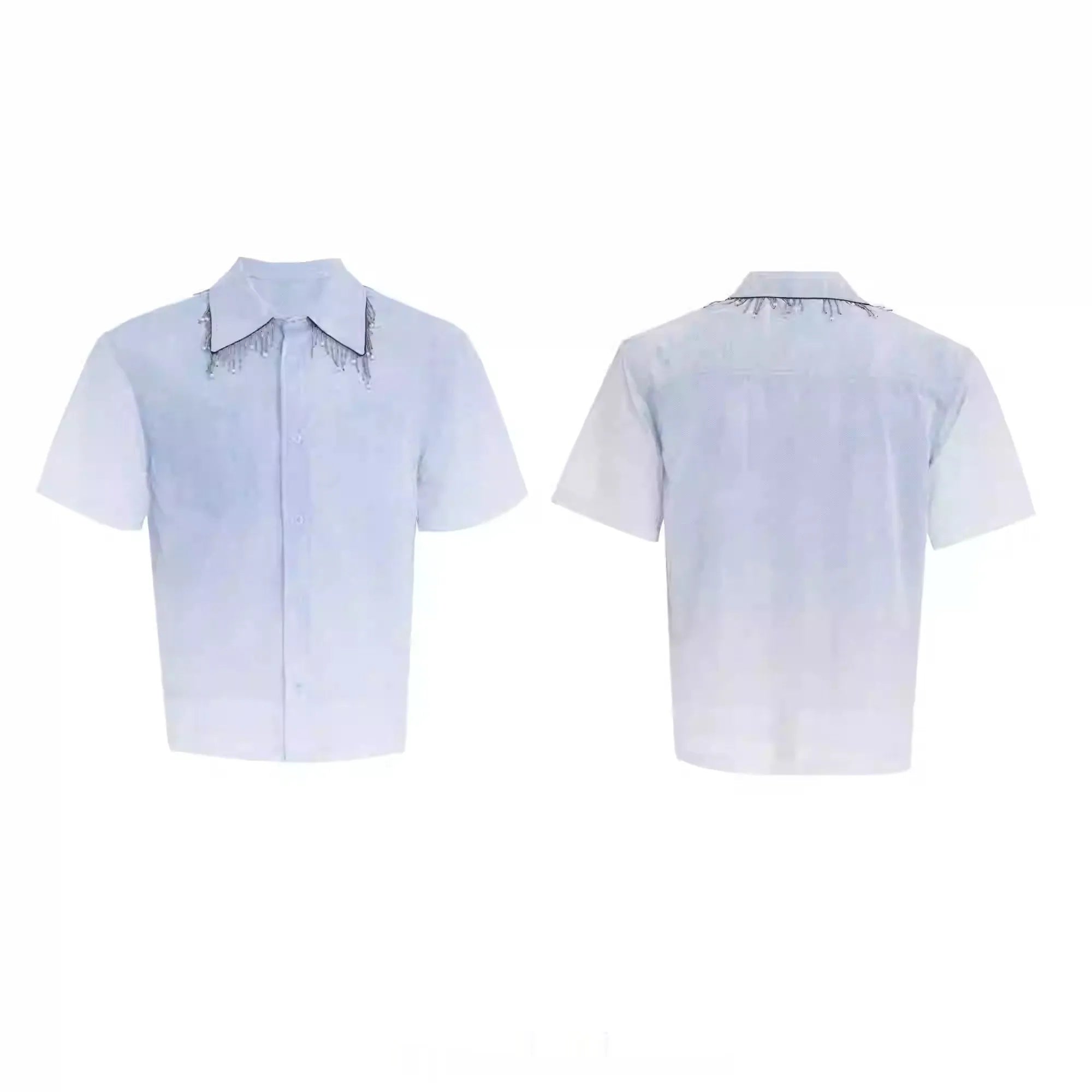 Blue and white gradient short-sleeved loose fit shirt on a hanger.
